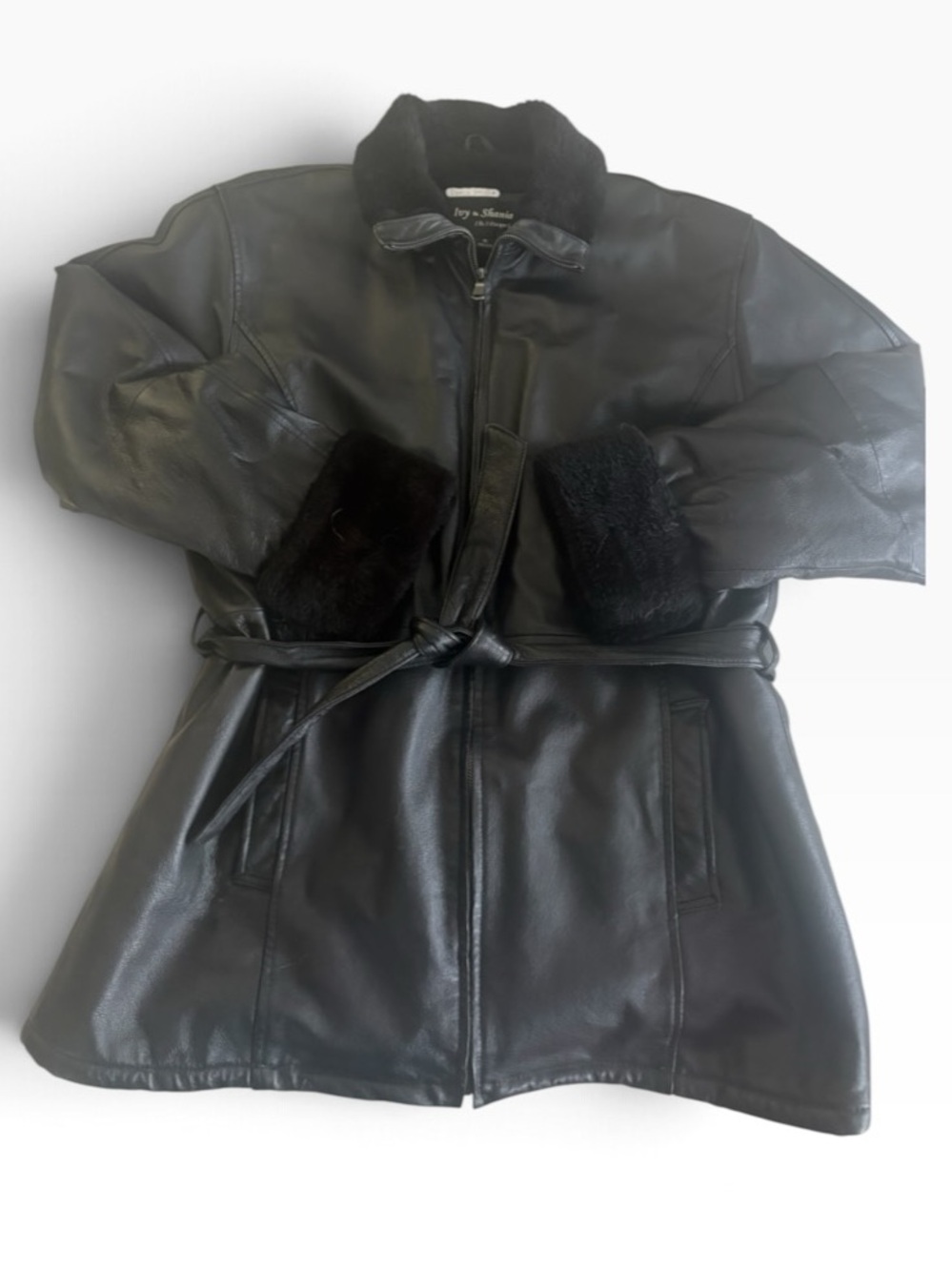 Women's Black Leather Belted Coat with Fur Trimmed Collar & Cuffs